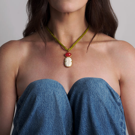 Cinched Cameo Necklace on Silk Cord in Chartreuse