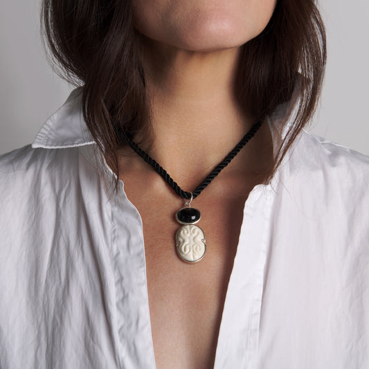 Cinched Cameo Necklace on Silk Cord in Black
